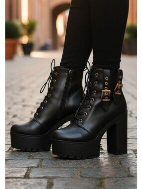 Black Platform Lace-Up Chunky Heel Ankle Boots With Side Zipper & Gold Buckle De